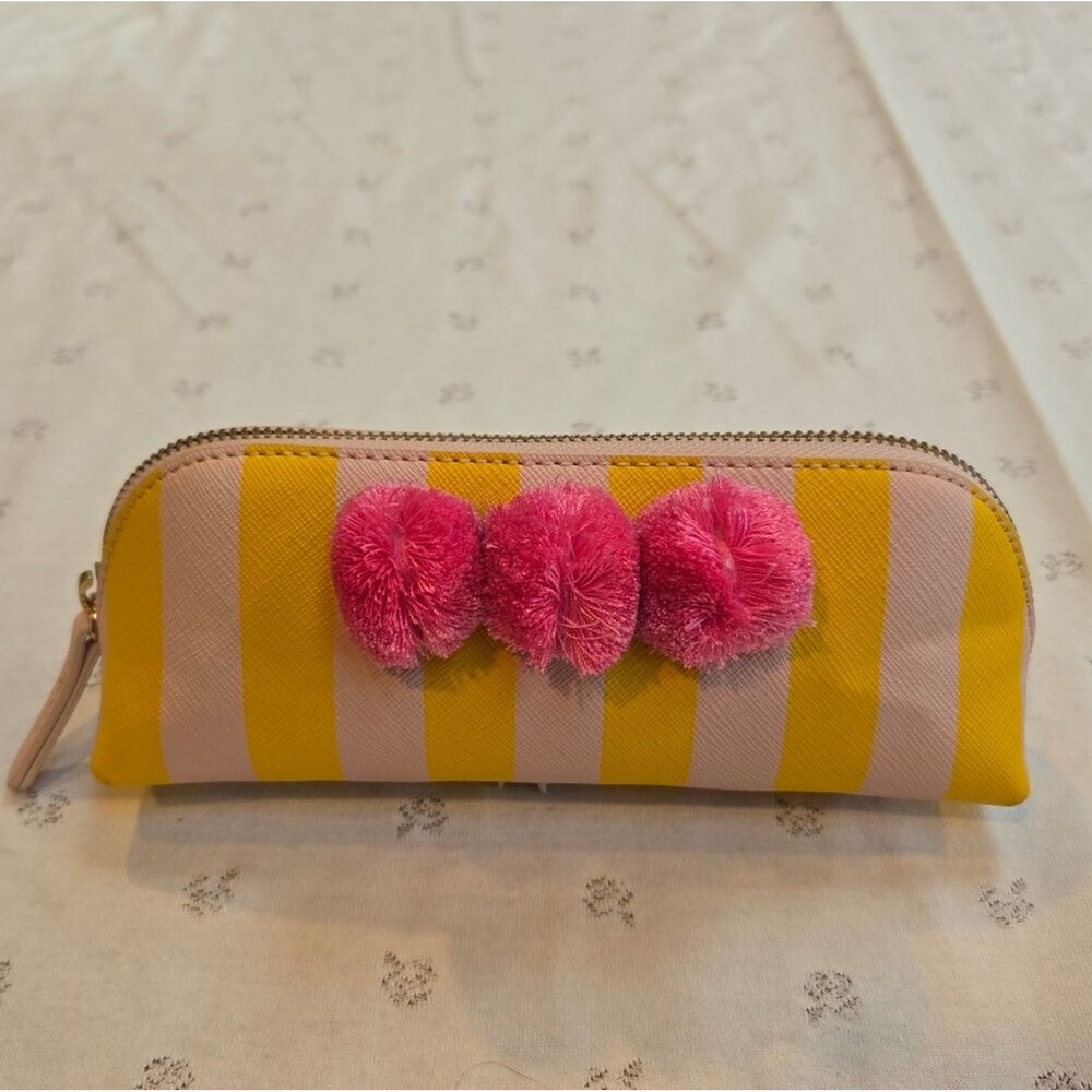 Anthropologie Pink and Yellow Striped Pouch w Pink Pom Poms
